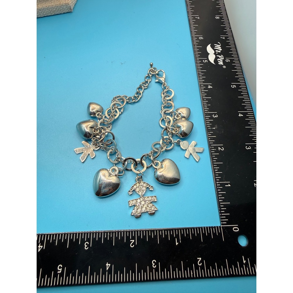 Silver Tone Puffed Heart and Boy Girl Figure Charm‎ Bracelet Rhinestone Accents